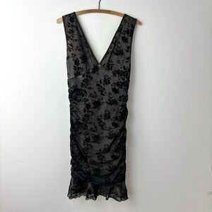 Y2K Mesh Velvet Burnout Dress L Black Bodycon Whimsygoth Indie Sleaze Ruched
